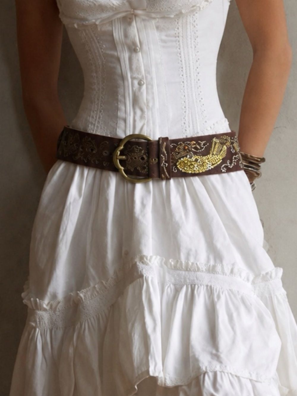 Vintage 80’Betsey Johnson  Leather Beaded Fish Belt ~Gold Sequins Size M